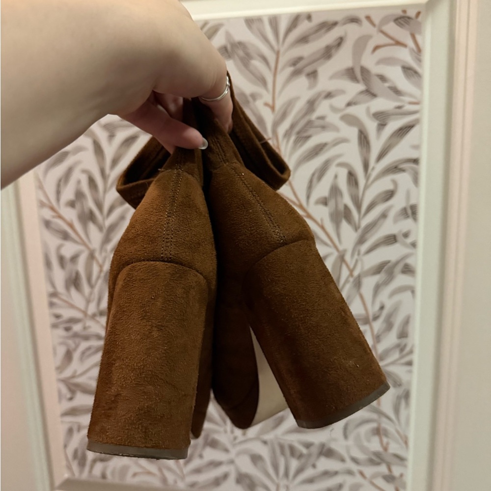 Faux Suede Brown Heeled Boots - Picture 2 of 5